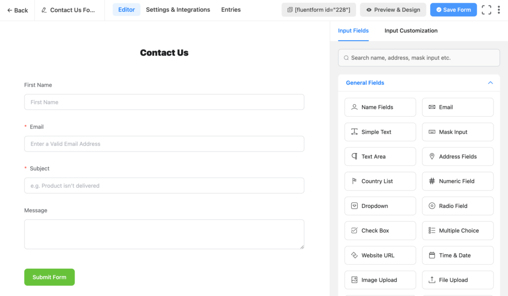 Fluent Forms formuliereditor met velden