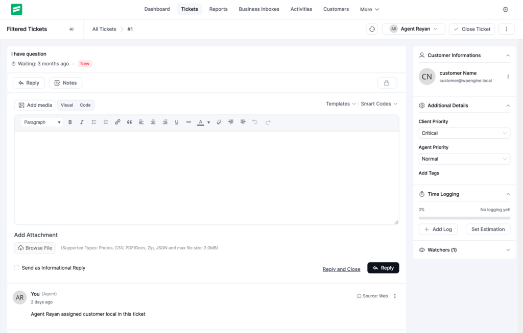 Fluent Support detail van een ticket