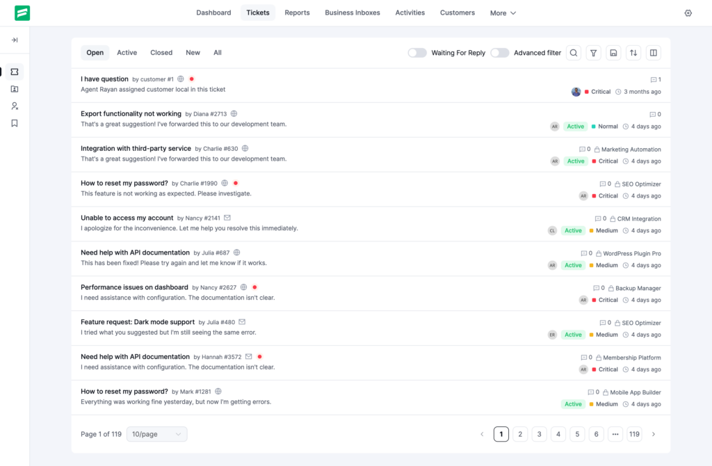 Fluent Support overzicht van supporttickets