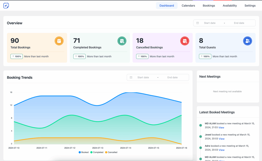 FluentBooking dashboard met boekingen