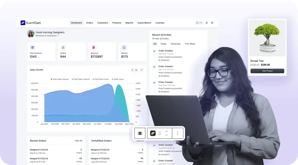 FluentCart: webshopdashboard met verkoop, bestellingen en producten