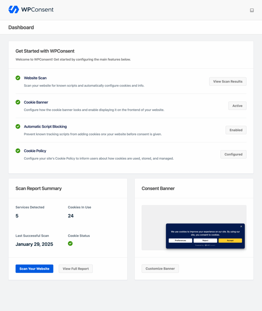 WPConsent dashboard met scan en instellingen