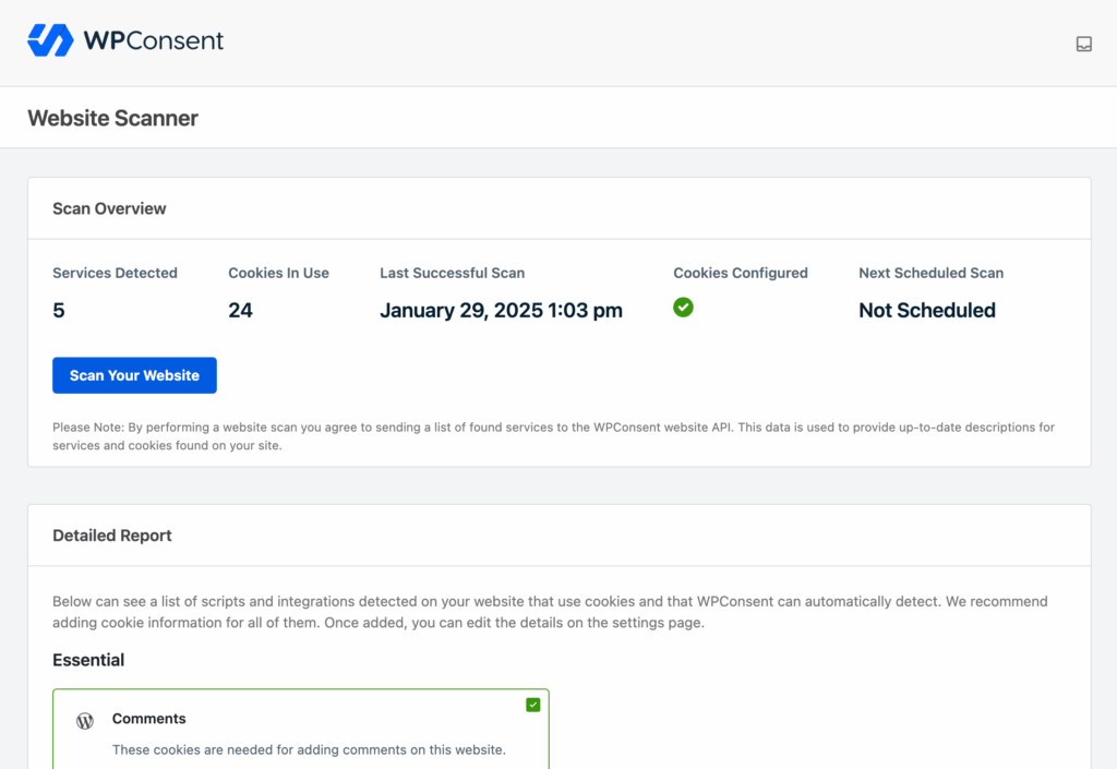WPConsent websitescanner met gevonden cookies
