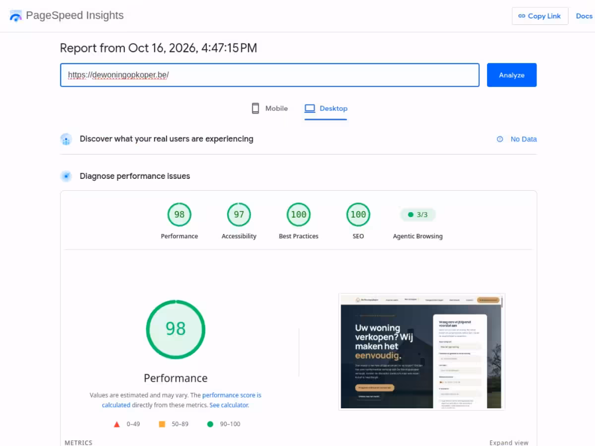 Google PageSpeed Insights: dewoningopkoper.be scoort 98 op prestaties, 97 op toegankelijkheid en 100 op best practices en SEO