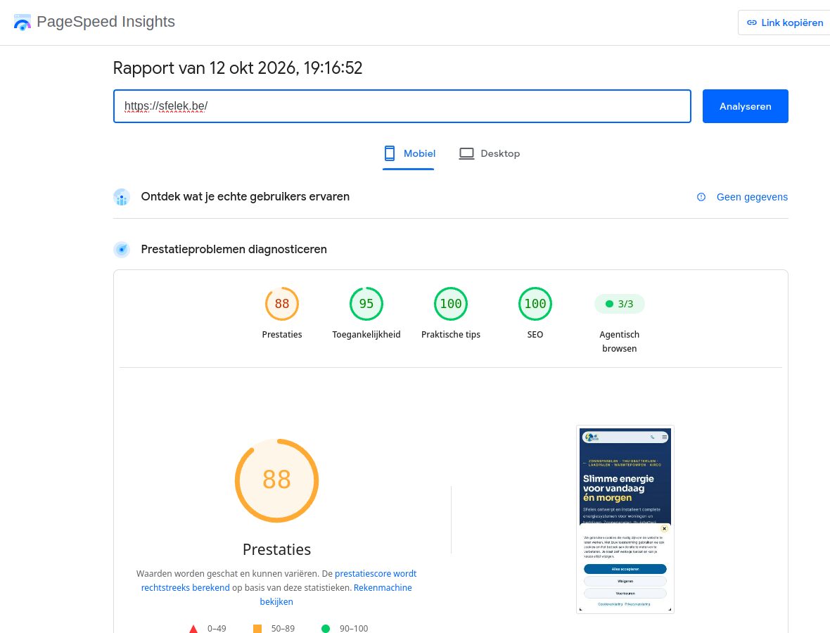 Google PageSpeed Insights voor sfelek.be op mobiel: 88 prestaties, 95 toegankelijkheid, 100 praktische tips, 100 SEO