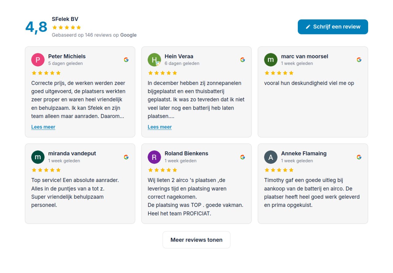 Startnet Google Reviews: rasterweergave met de reviews van SFelek