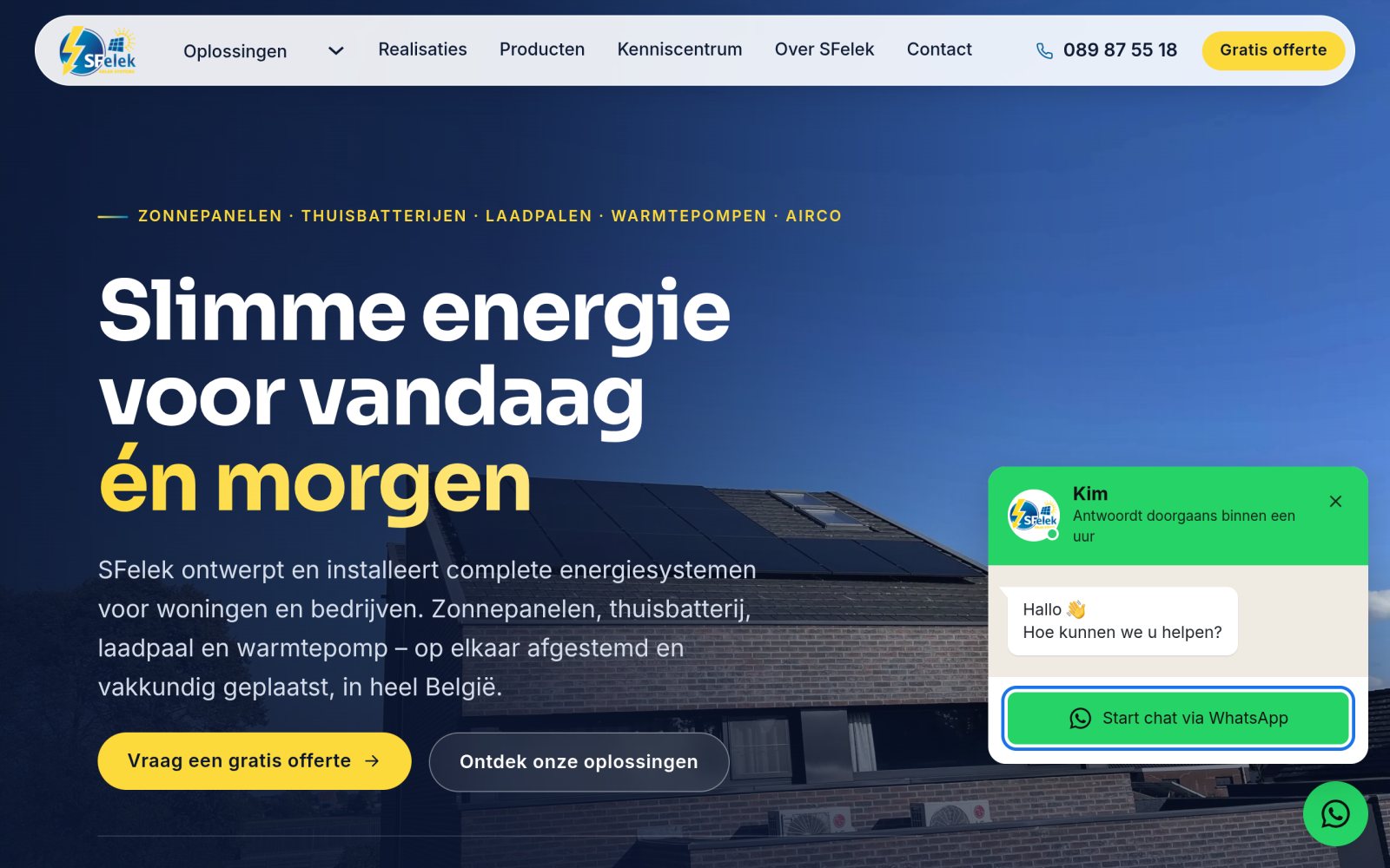Startnet WhatsApp Chat: pop-up op de website van SFelek