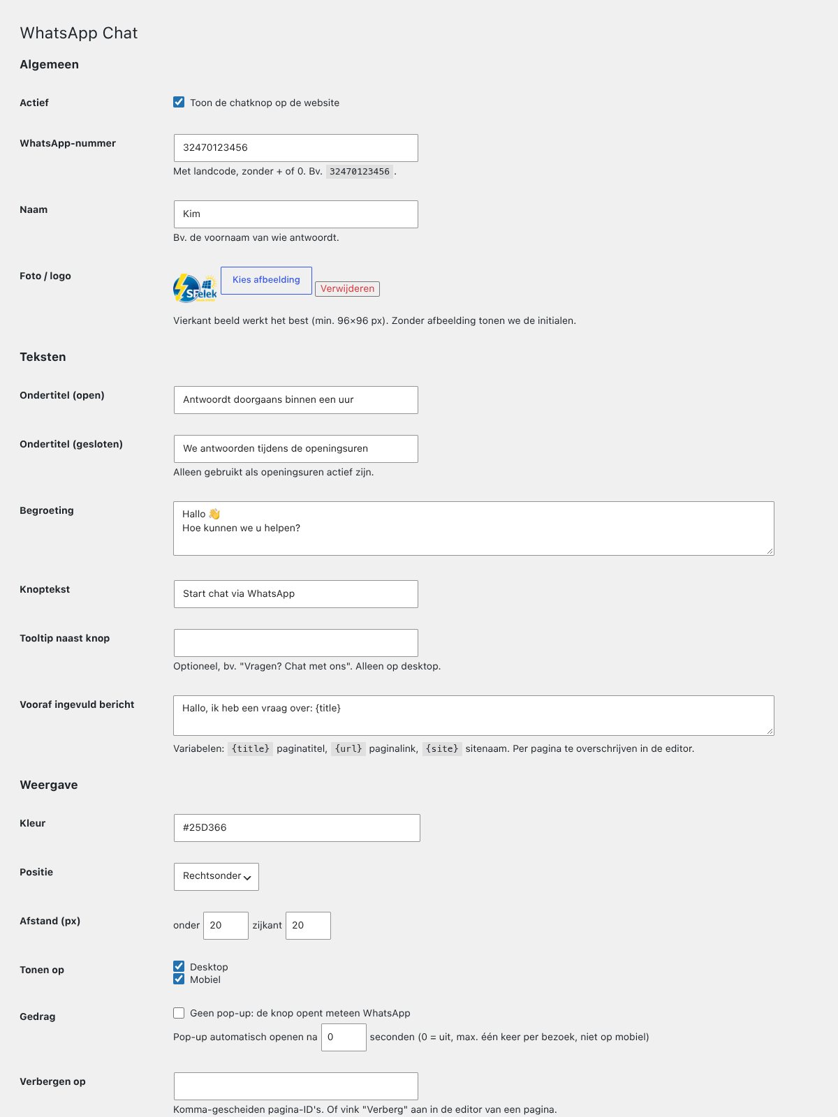 Startnet WhatsApp Chat: instellingen in WordPress
