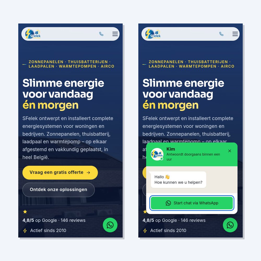 Startnet WhatsApp Chat op mobiel: knop en geopende pop-up op de website van SFelek
